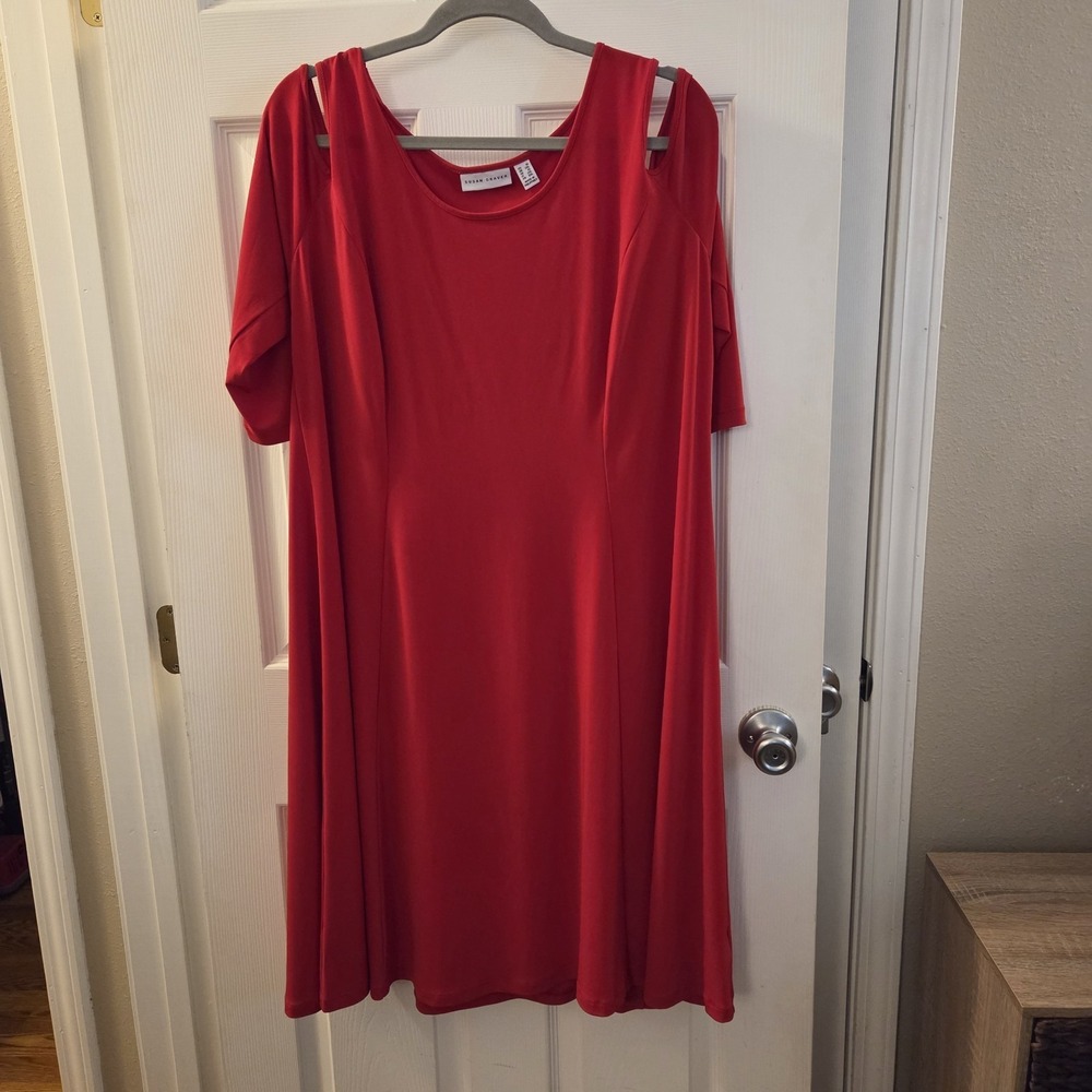 Susan Graver sz 1X red liquid knit cold shoulder midi dress classic chic feminin